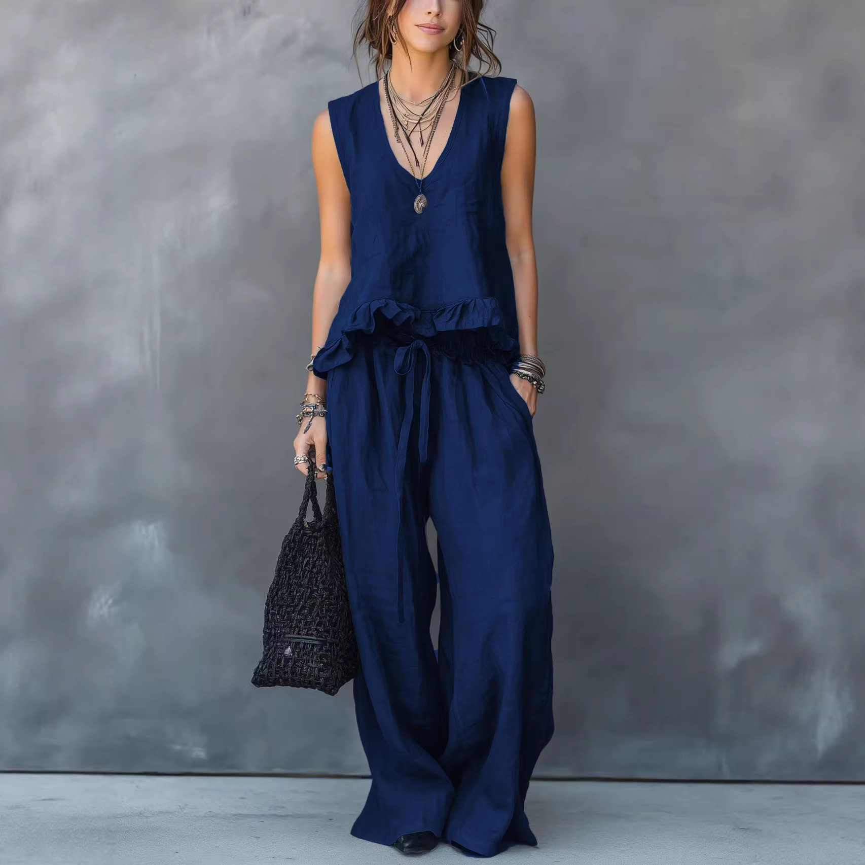 Women's V-neck Sleeveless Casual Loose Cotton Top With Elastic Waist And Wide-leg Pants Cotton Linen Set