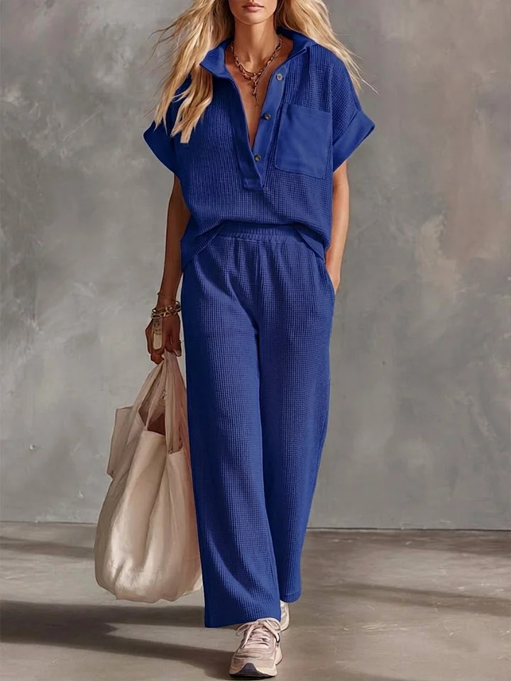 The Harlow Waffle Knit Set – Short Sleeve Collared Top & Wide Leg Pants | Relaxed 2-Piece Lounge Co-ord
