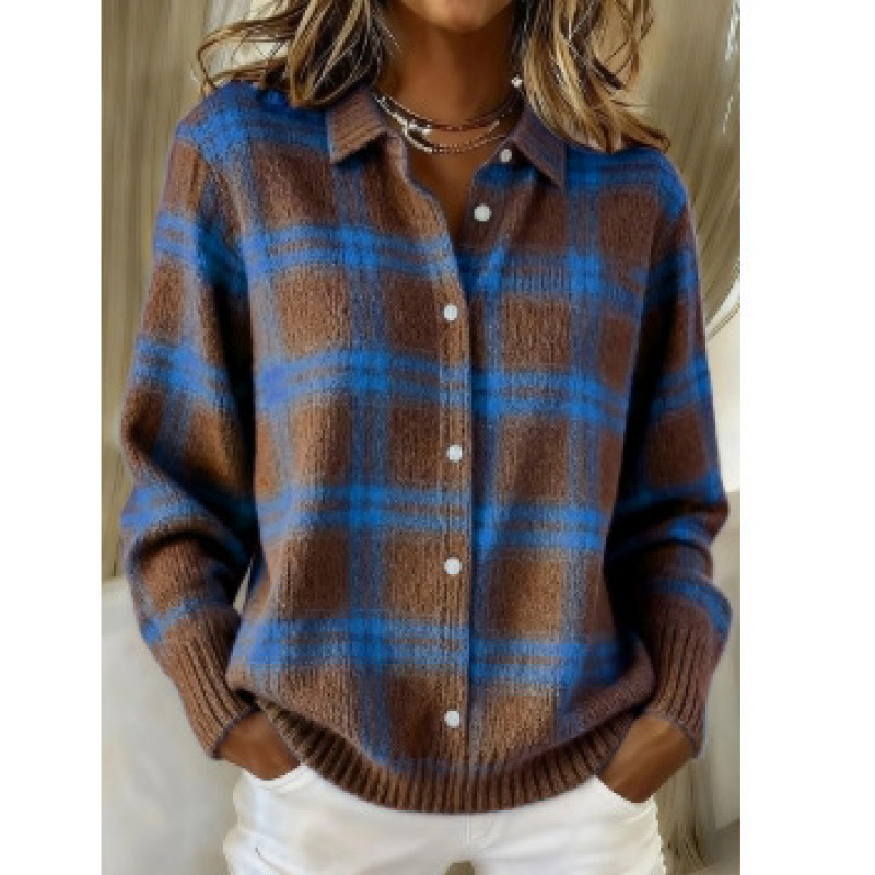 Denim Patchwork Contrast Plaid Polo Collar Button Cardigan Sweater