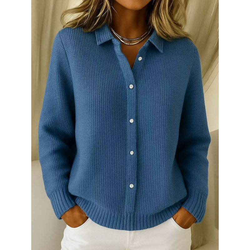 Denim Patchwork Contrast Plaid Polo Collar Button Cardigan Sweater