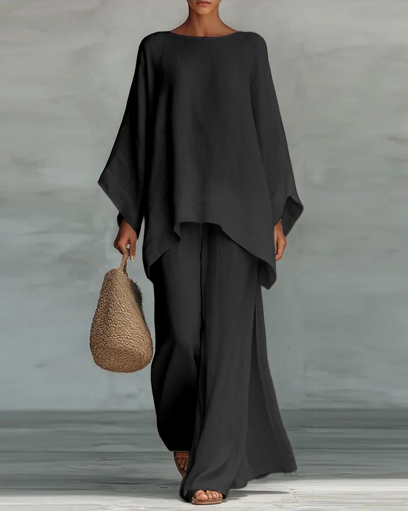 Linen Blend Cape Style Top and Wide Legs Pants Set