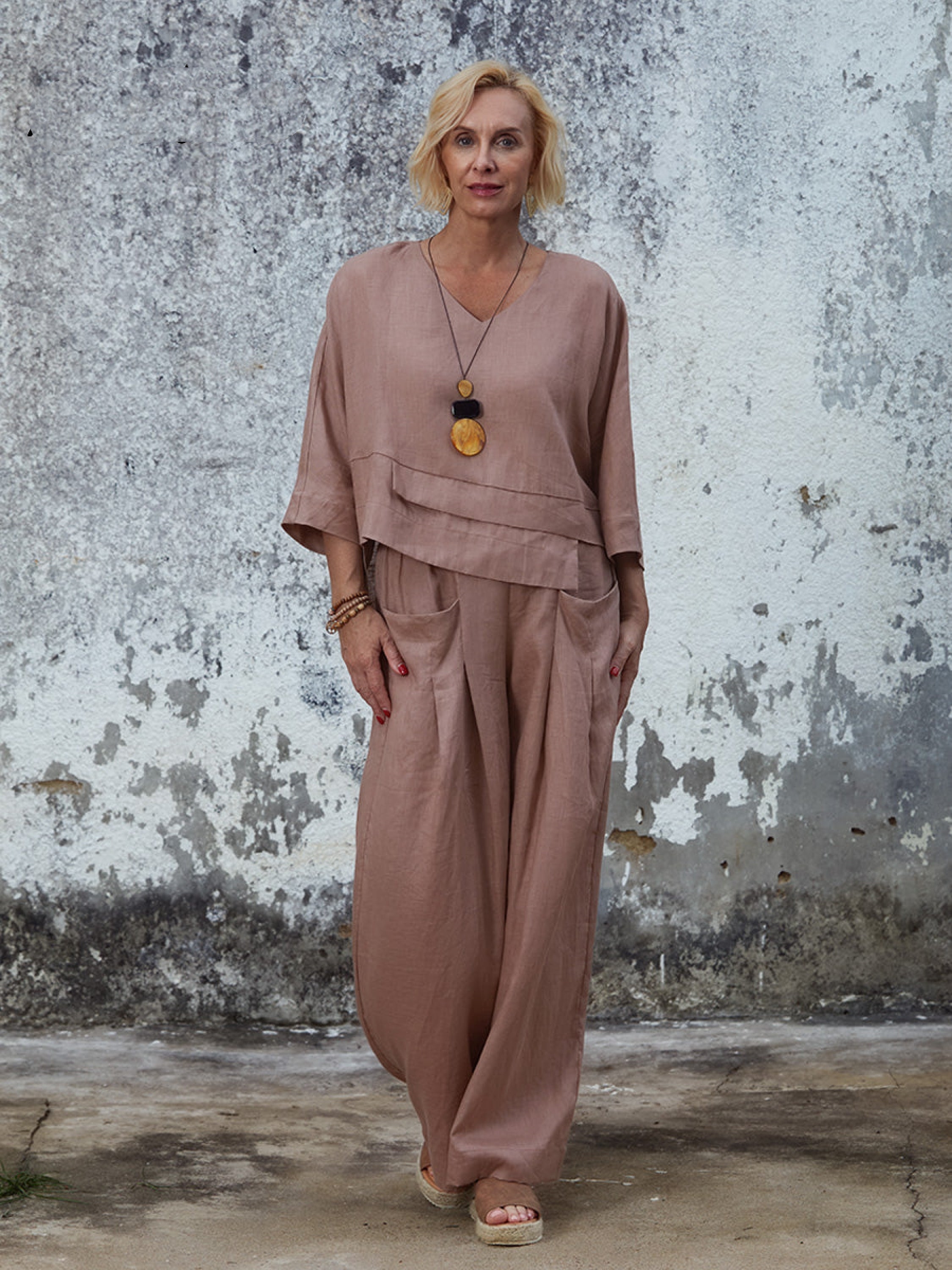 Women's Linen Asymmetric Top and Pats Sets