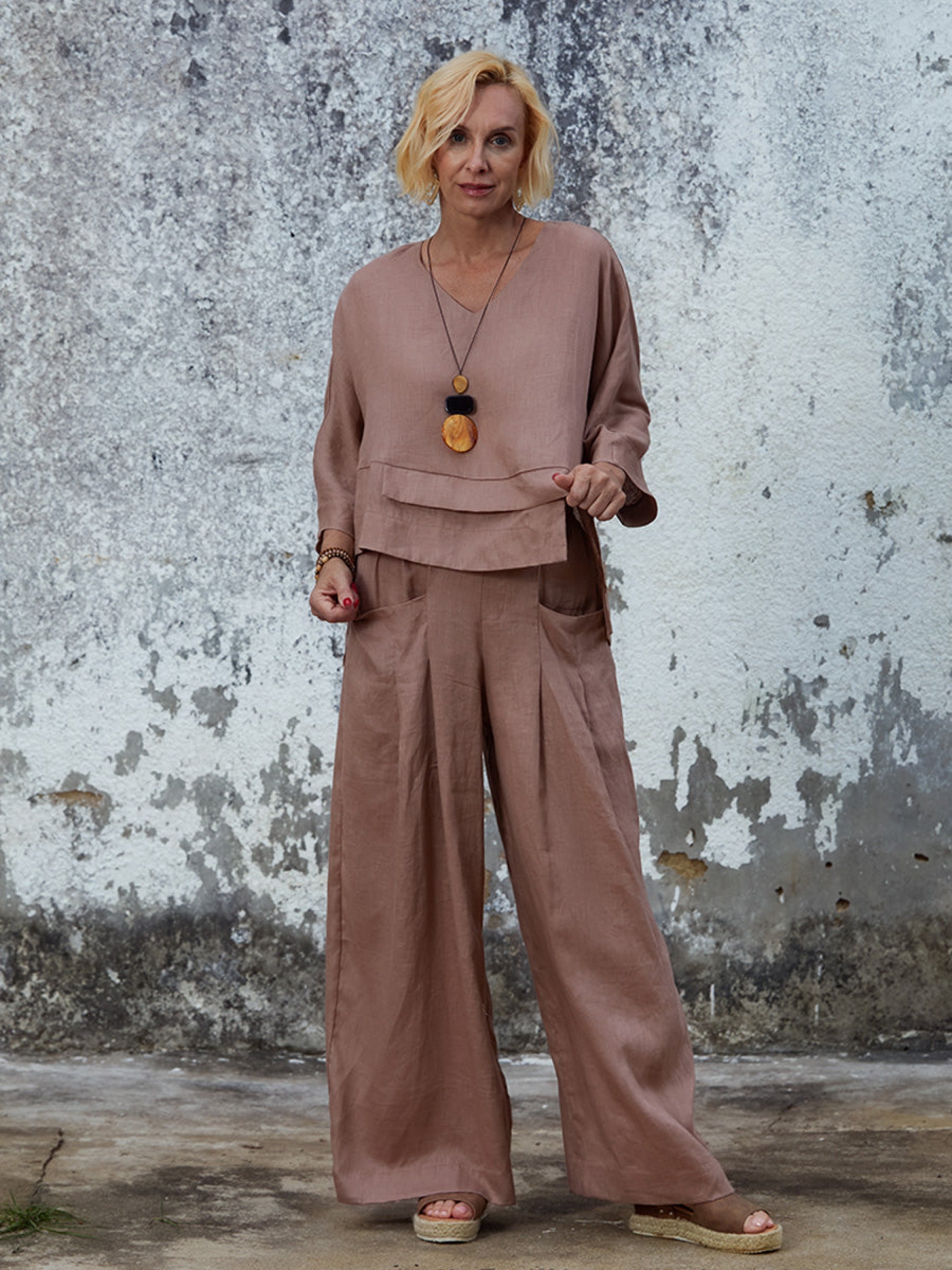 Women's Linen Asymmetric Top and Pats Sets