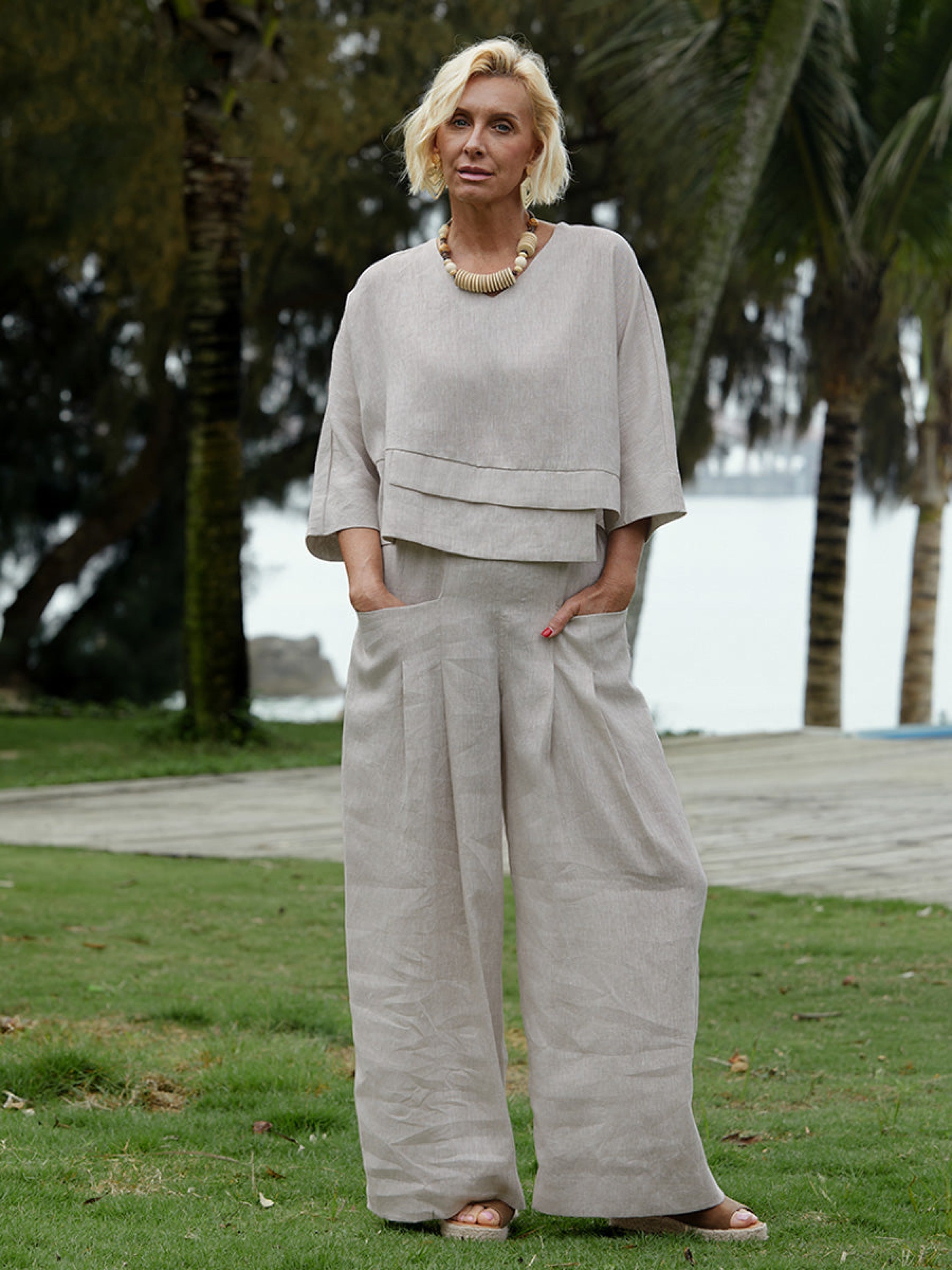 Women's Linen Asymmetric Top and Pats Sets