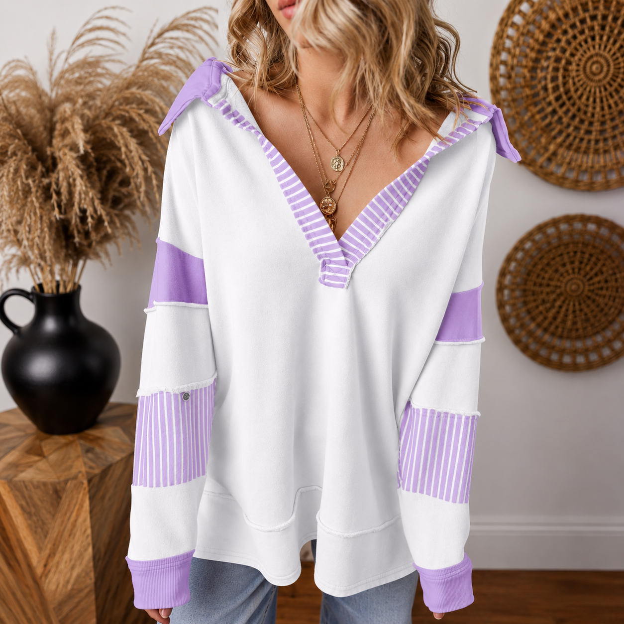 Colorblock Striped Johnny Collar Sweatshirt