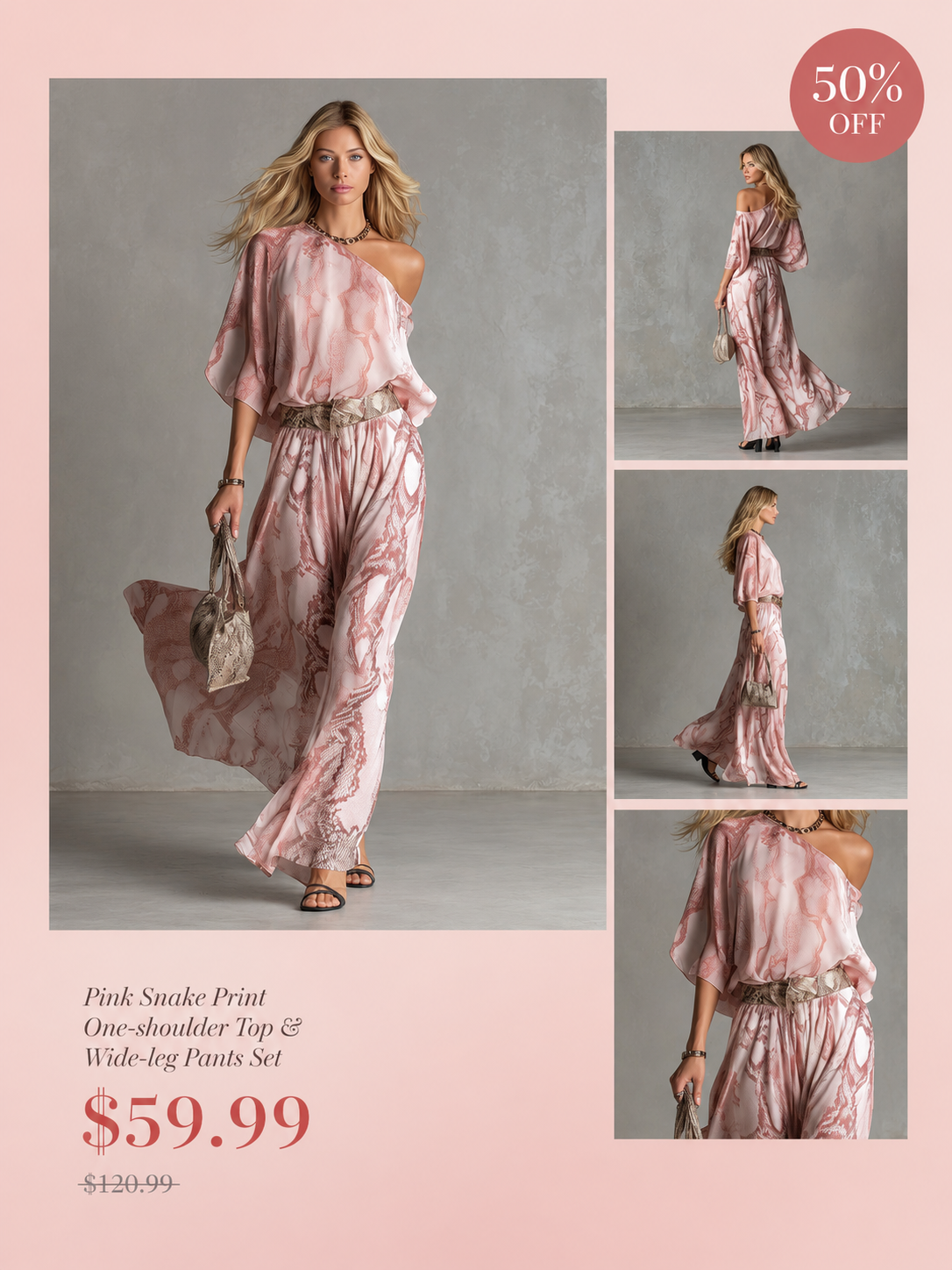 Summer Special Offer🔥Pink Snake PrintOne-shoulder Top&Wide-leg Pants Set