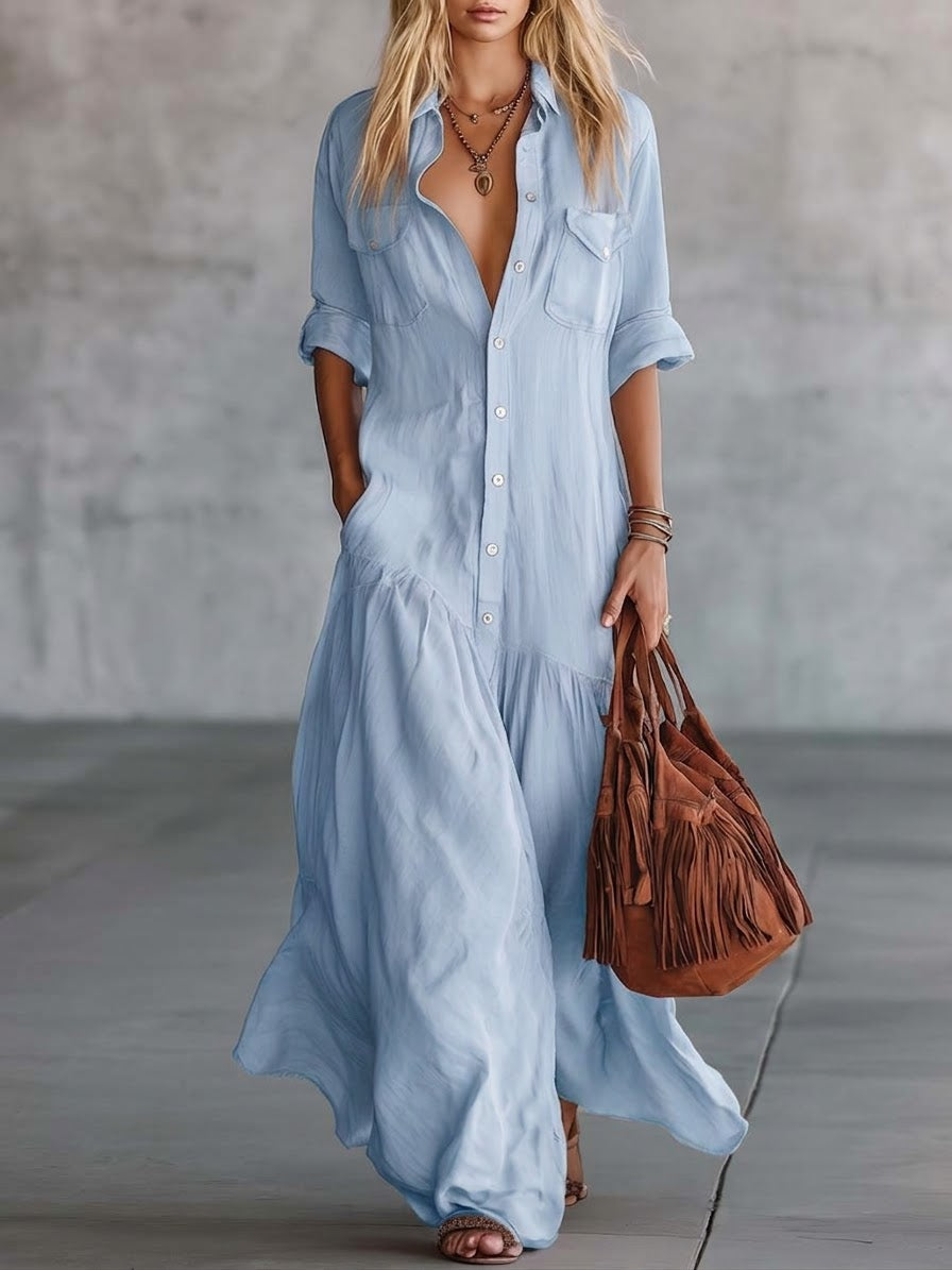 🔥Hot Selling Now！Casual Linen And Cotton Maxi Shirt Dress