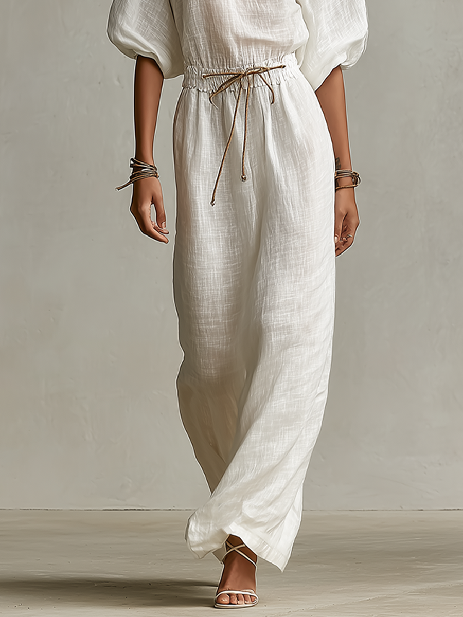 Women's White Linen Dress With Elasticated Off-Shoulder Detail & Drawstring Waist, Timeless Boho-Relaxed Style Dress