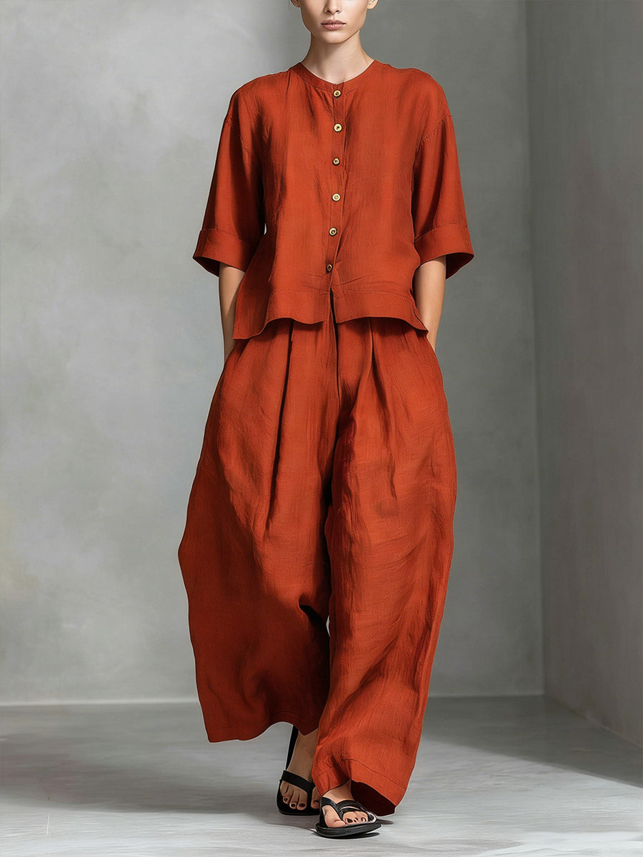 Women's Solid Color Round Neck 3/4 Sleeve Casual Loose Cotton Linen Top And High Waist Wide-leg Pants Cotton Linen Set