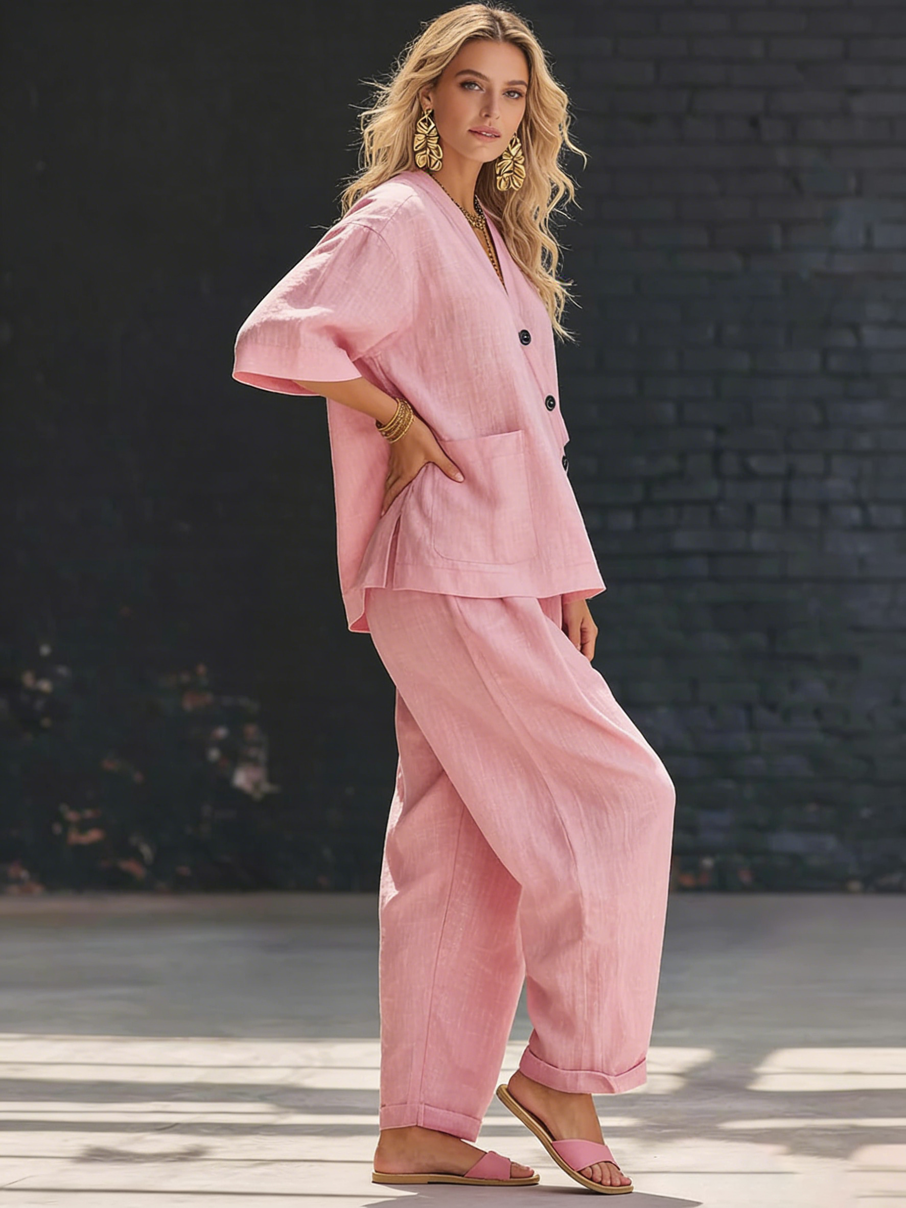 Stylish Cozy Button Linen Cotton Two-piece Set