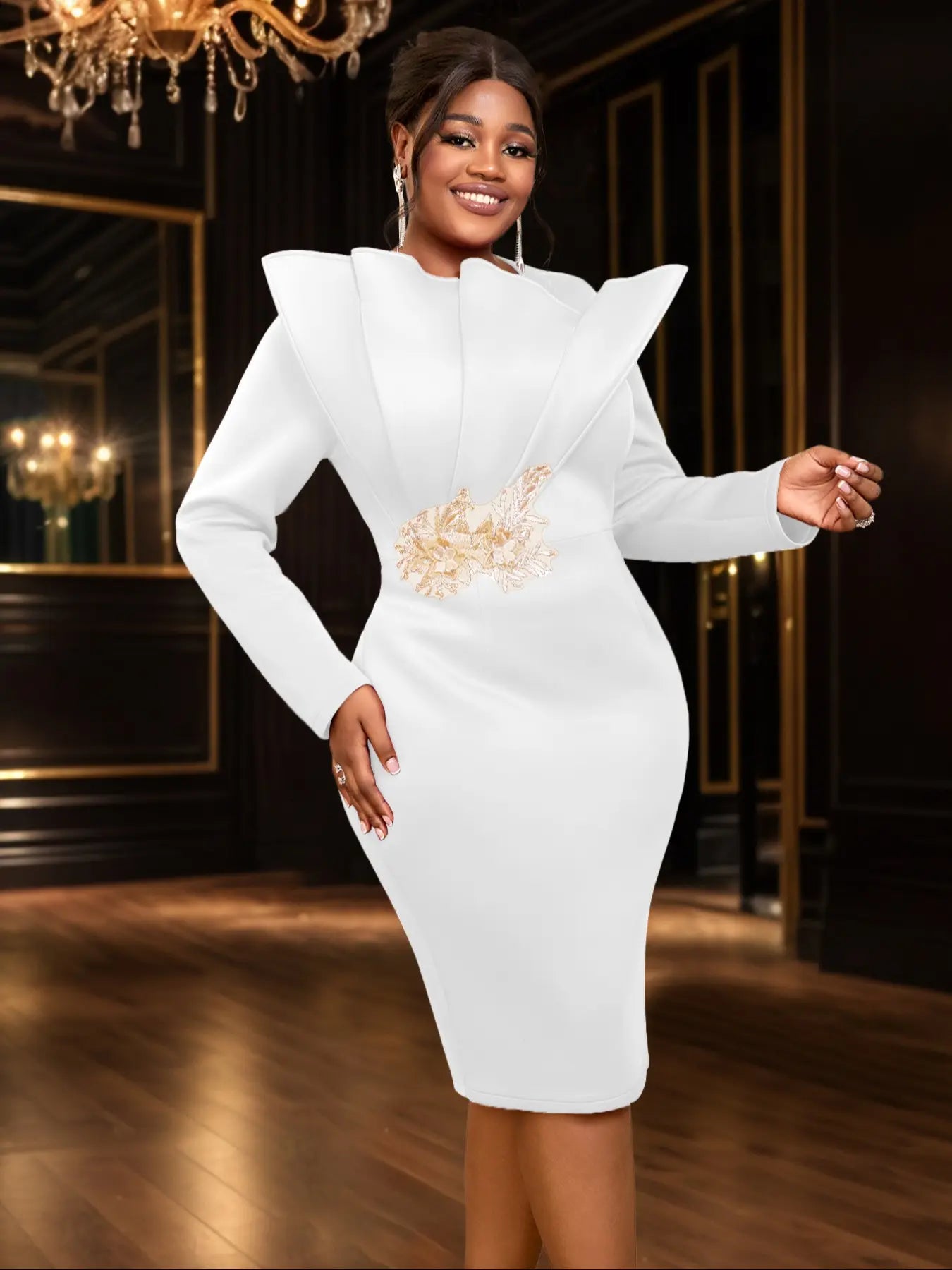 Plus-Size Fashion Embroidered Long-Sleeve Party Dress