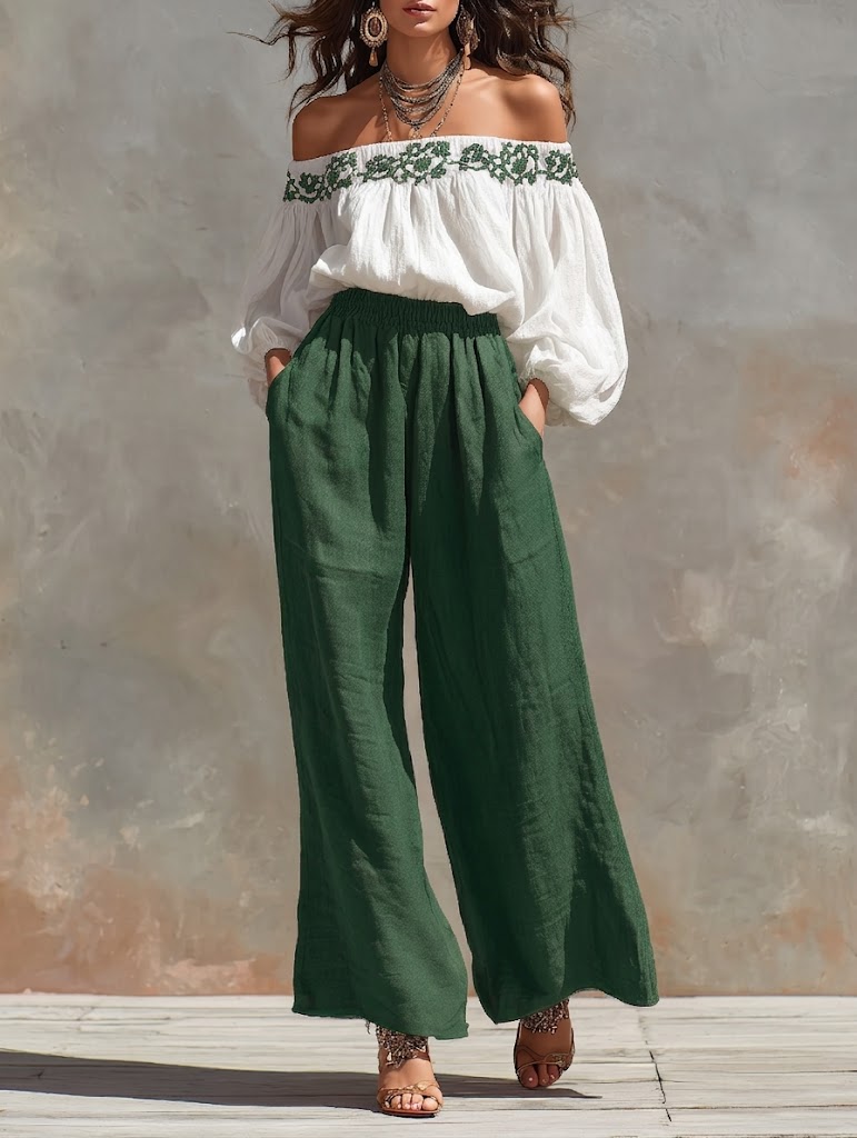 Stylish Off-shoulder Linen And Cotton Top And Pants Two-piece Set