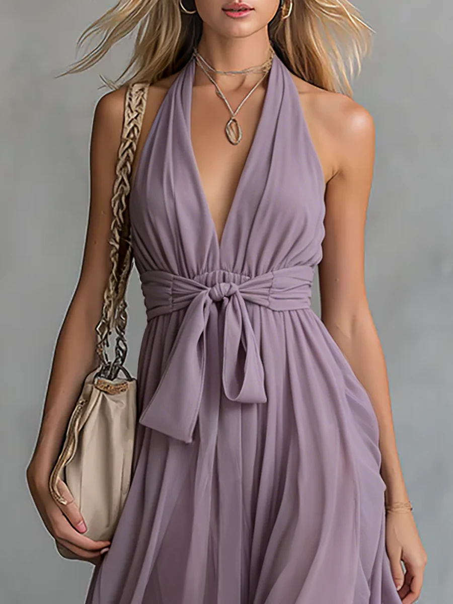  Summer Special Offer🔥Elegant And Stylish Halter Neck V-neck Sleeveless Chiffon Maxi Dress