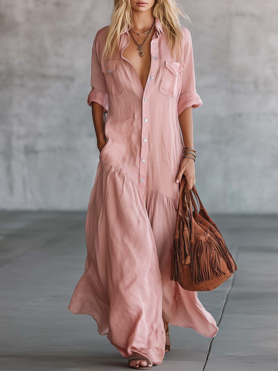 🔥Hot Selling Now！Casual Linen And Cotton Maxi Shirt Dress