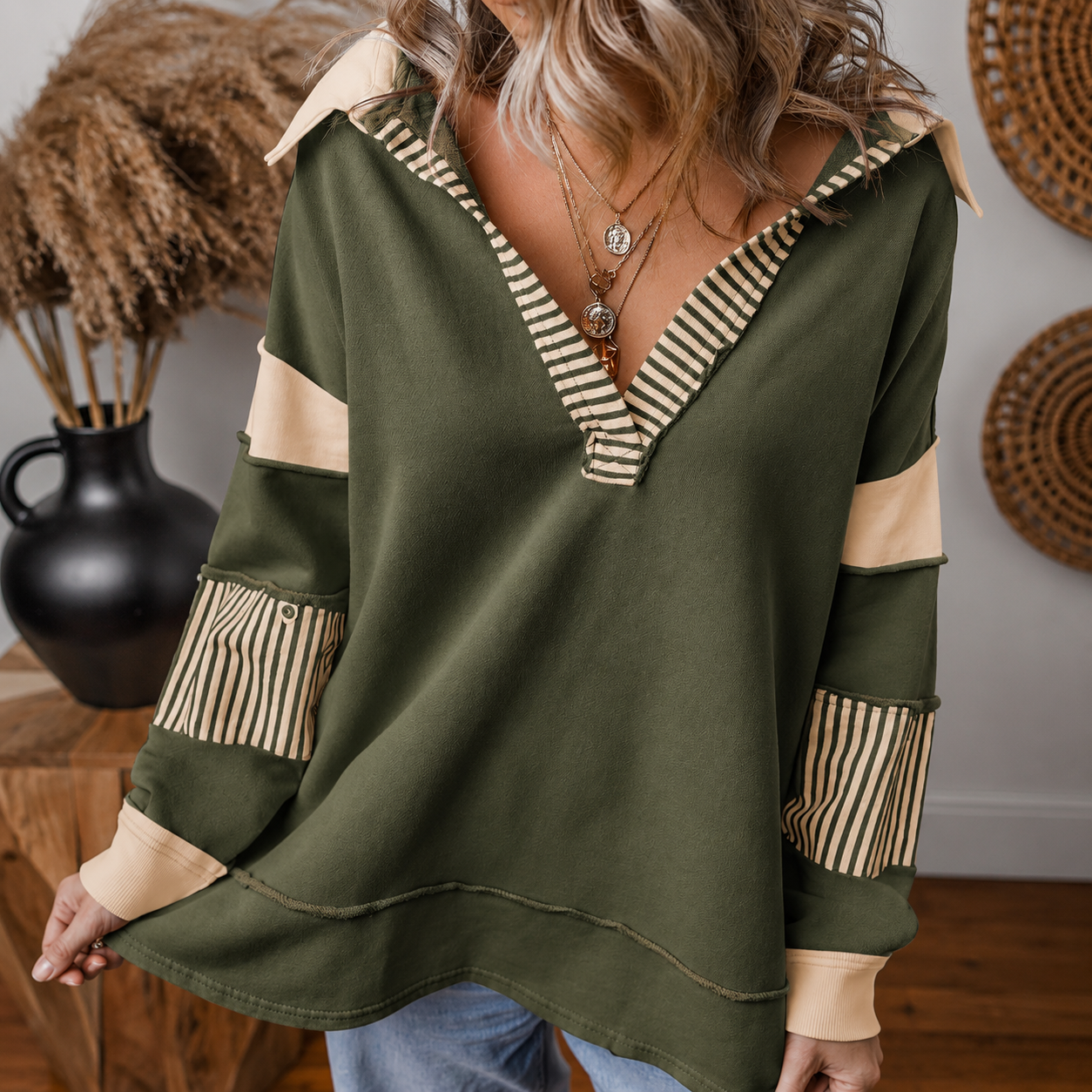 Colorblock Striped Johnny Collar Sweatshirt