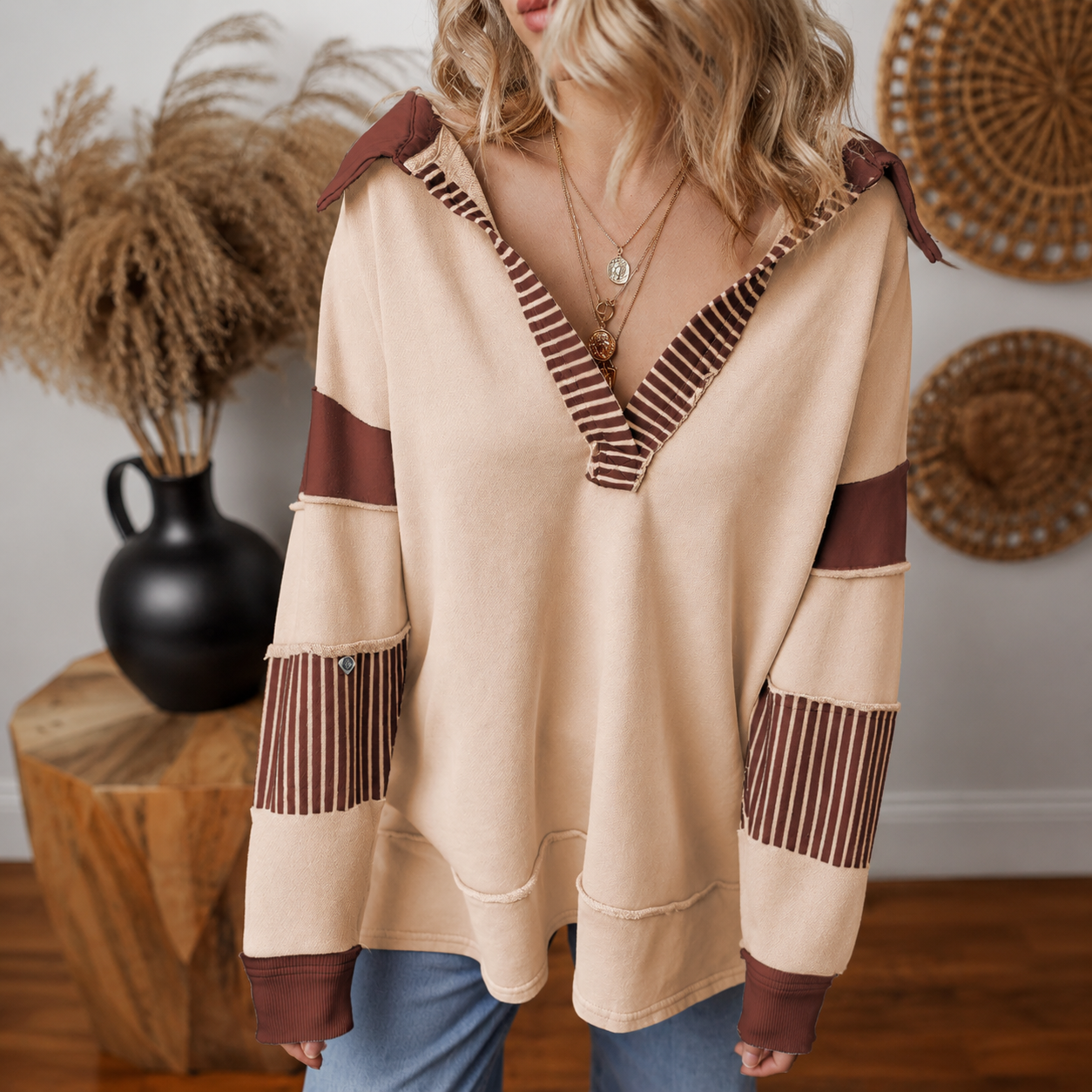 Colorblock Striped Johnny Collar Sweatshirt