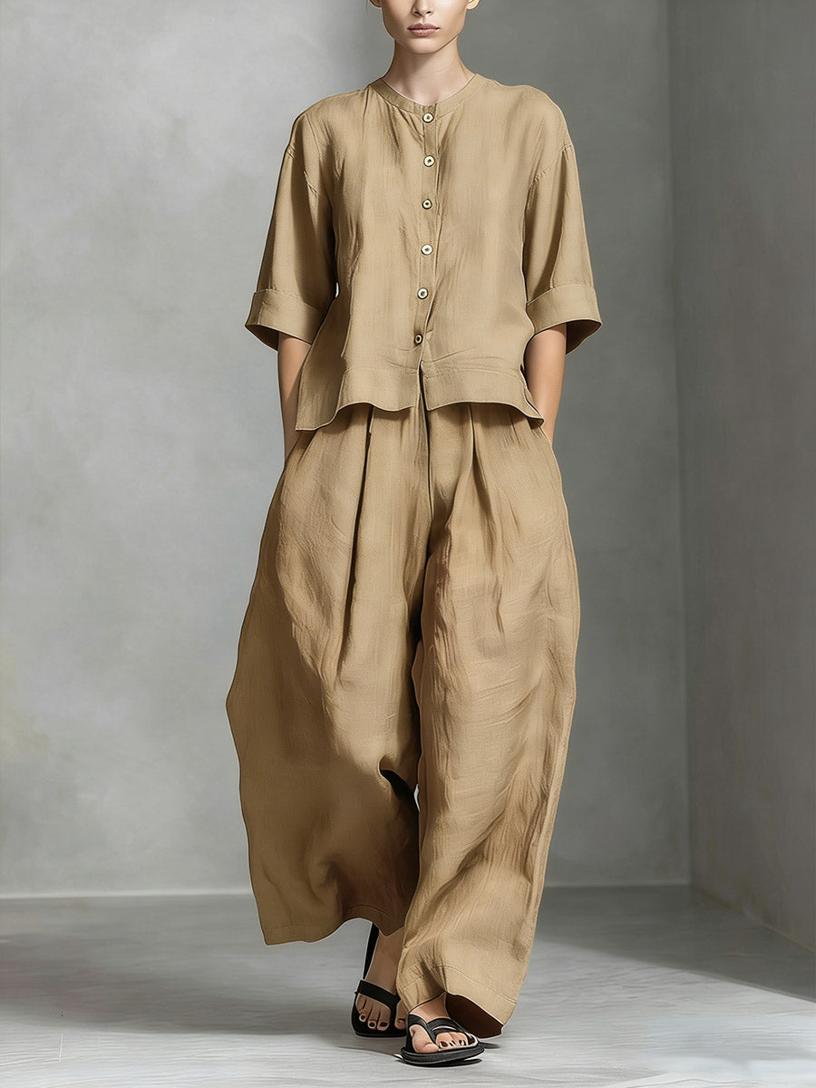 Women's Solid Color Round Neck 3/4 Sleeve Casual Loose Cotton Linen Top And High Waist Wide-leg Pants Cotton Linen Set