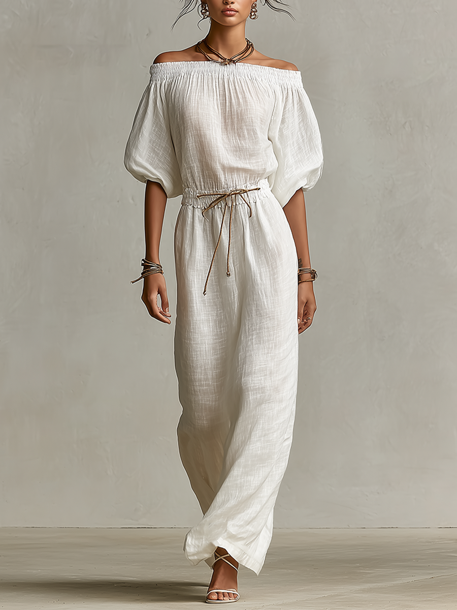 Women's White Linen Dress With Elasticated Off-Shoulder Detail & Drawstring Waist, Timeless Boho-Relaxed Style Dress