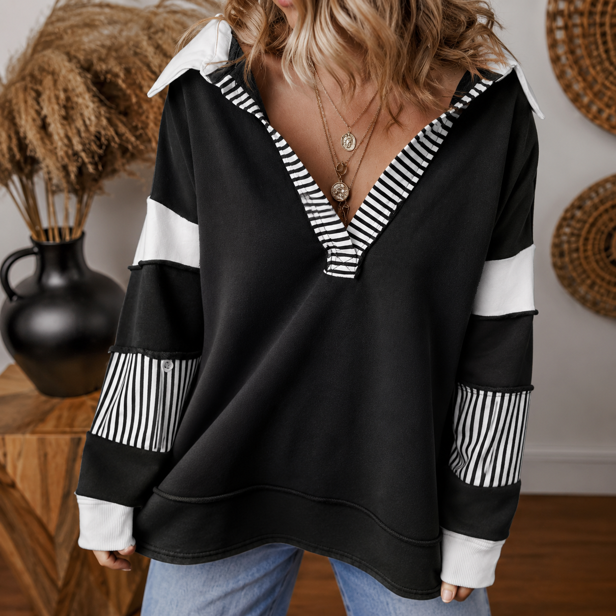 Colorblock Striped Johnny Collar Sweatshirt