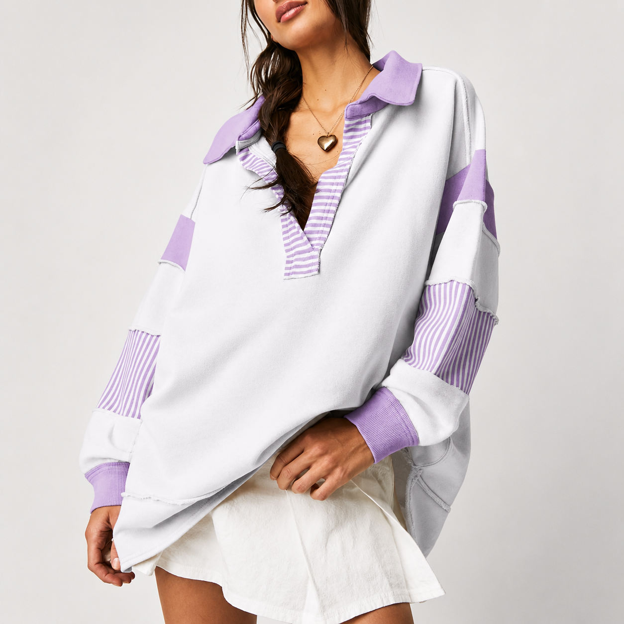 Colorblock Striped Johnny Collar Sweatshirt