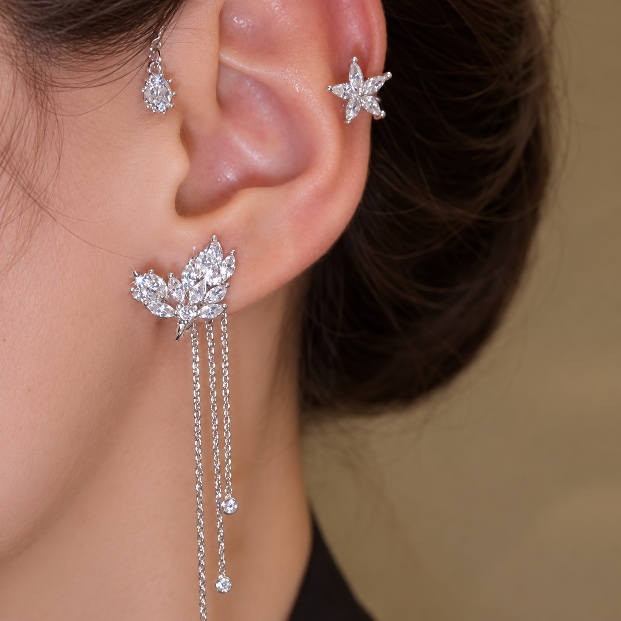 Lilyfall Ear Vine – No-Pierce Floral Crystal Cuff, Gold & Silver