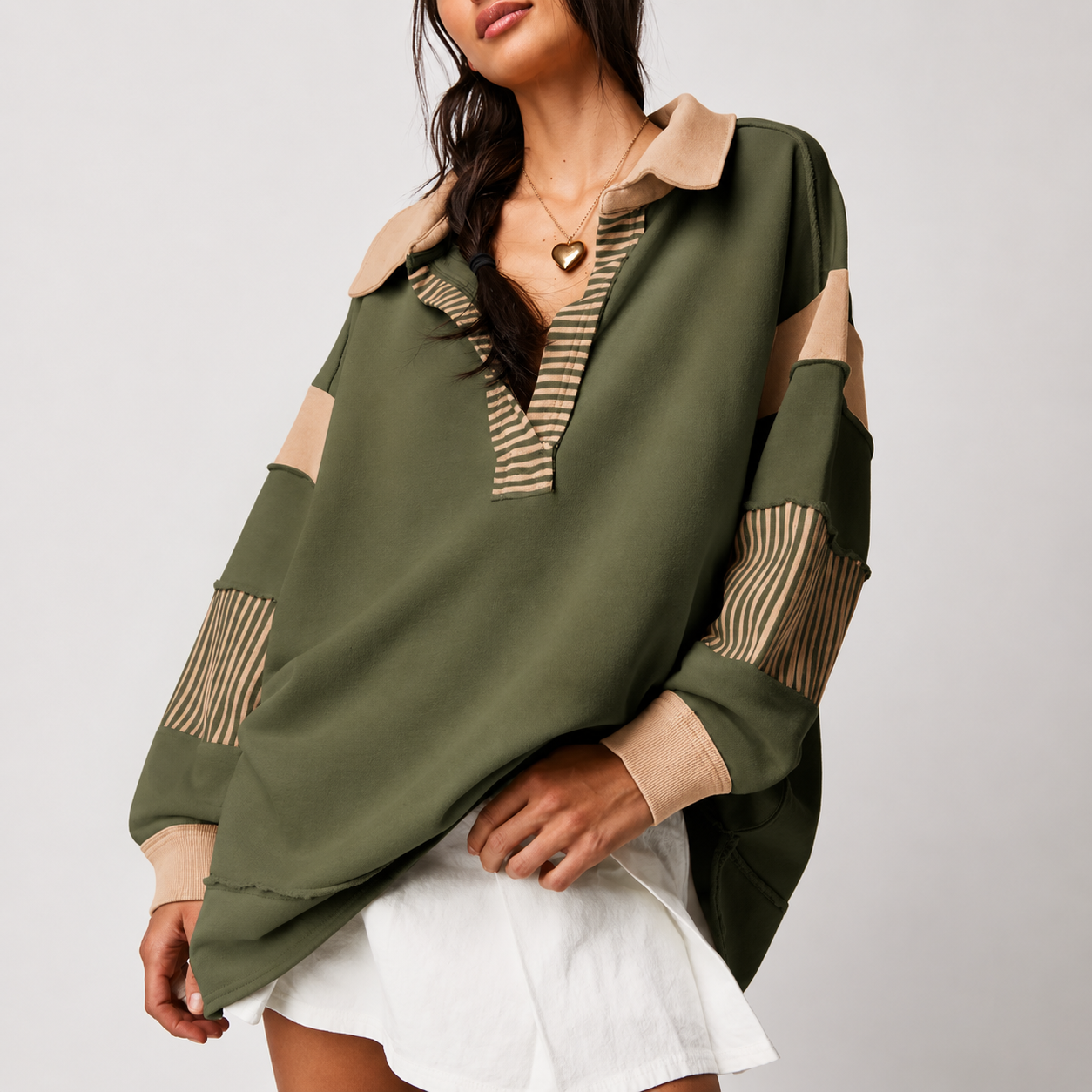Colorblock Striped Johnny Collar Sweatshirt