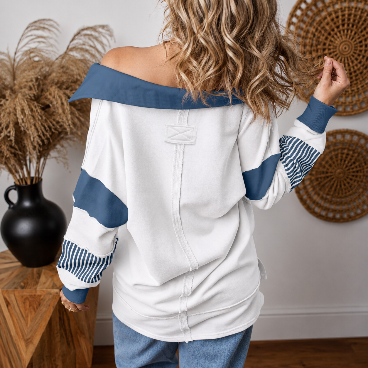 Colorblock Striped Johnny Collar Sweatshirt