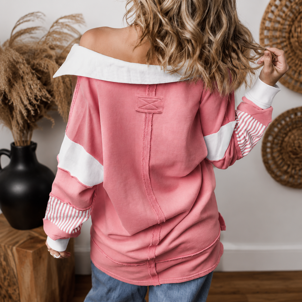 Colorblock Striped Johnny Collar Sweatshirt