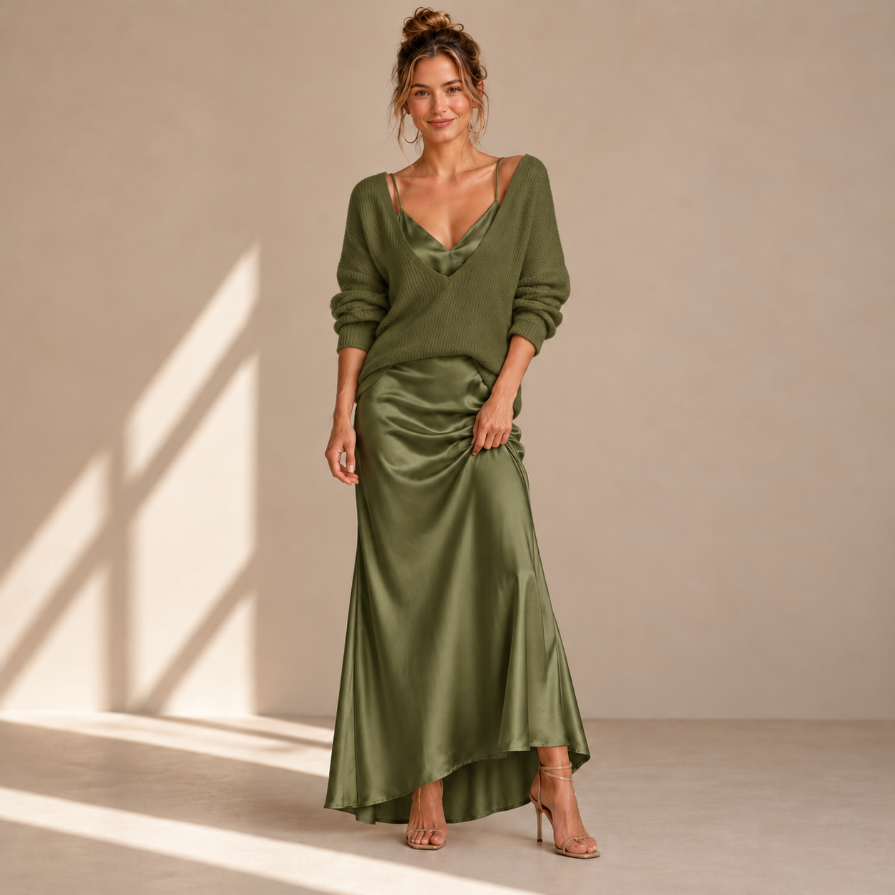 Satin Midi Dress with Included Sweater