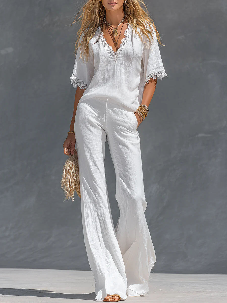 Women's Solid Color V-neck Short-sleeved Casual Loose Linen Top And High-waisted Loose Wide-leg Linen Pants Set.