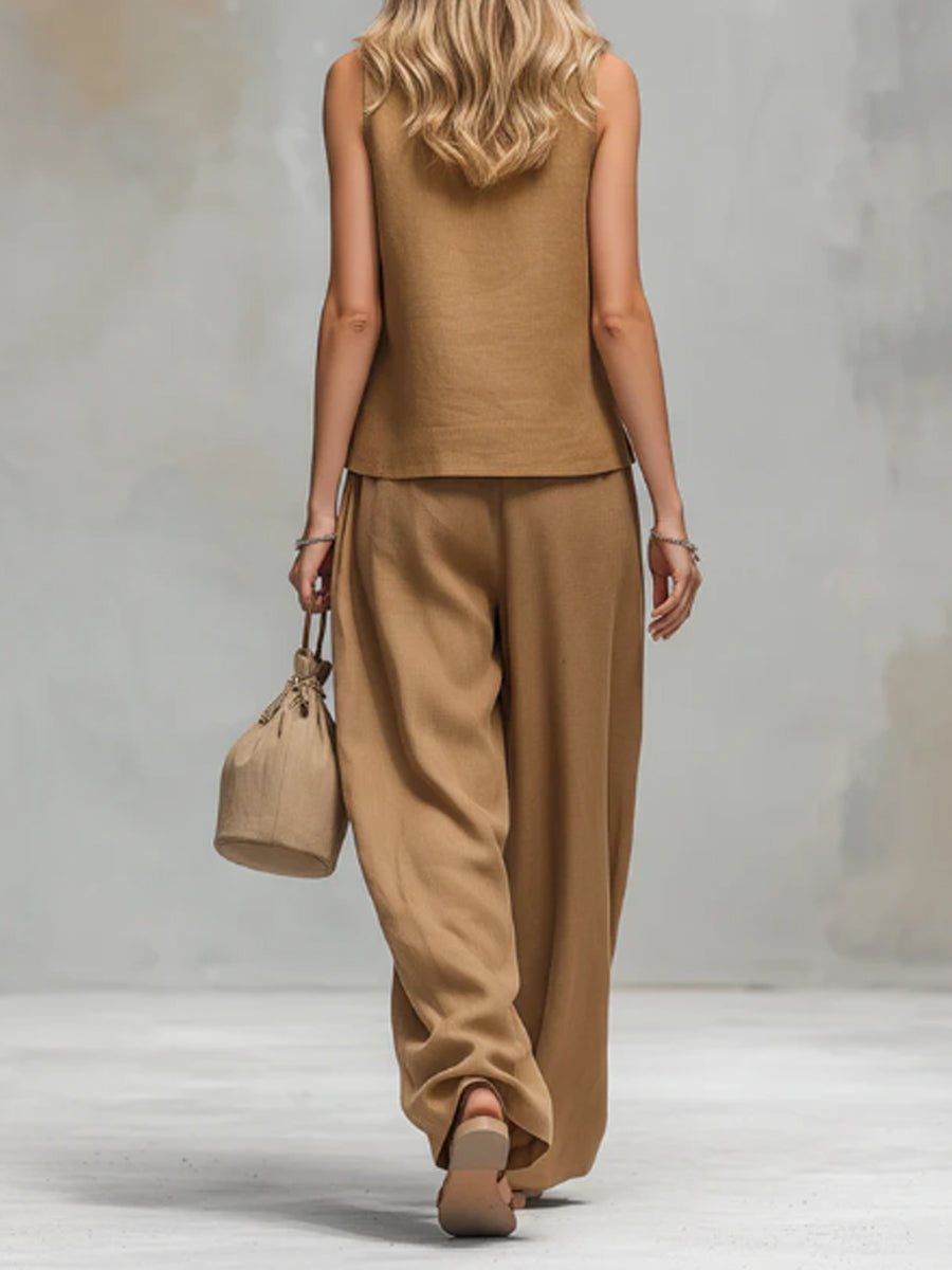 Comfortable And Casual V-neck Sleeveless Button-down Top And Trousers Set