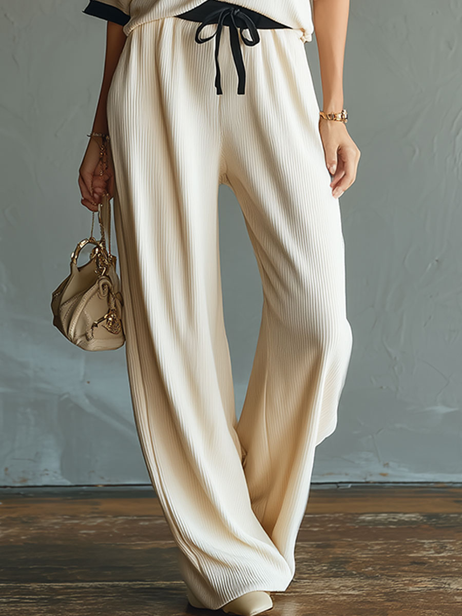 Casual Sporty Color-blocked Short-sleeved Knit Top And Pants Set