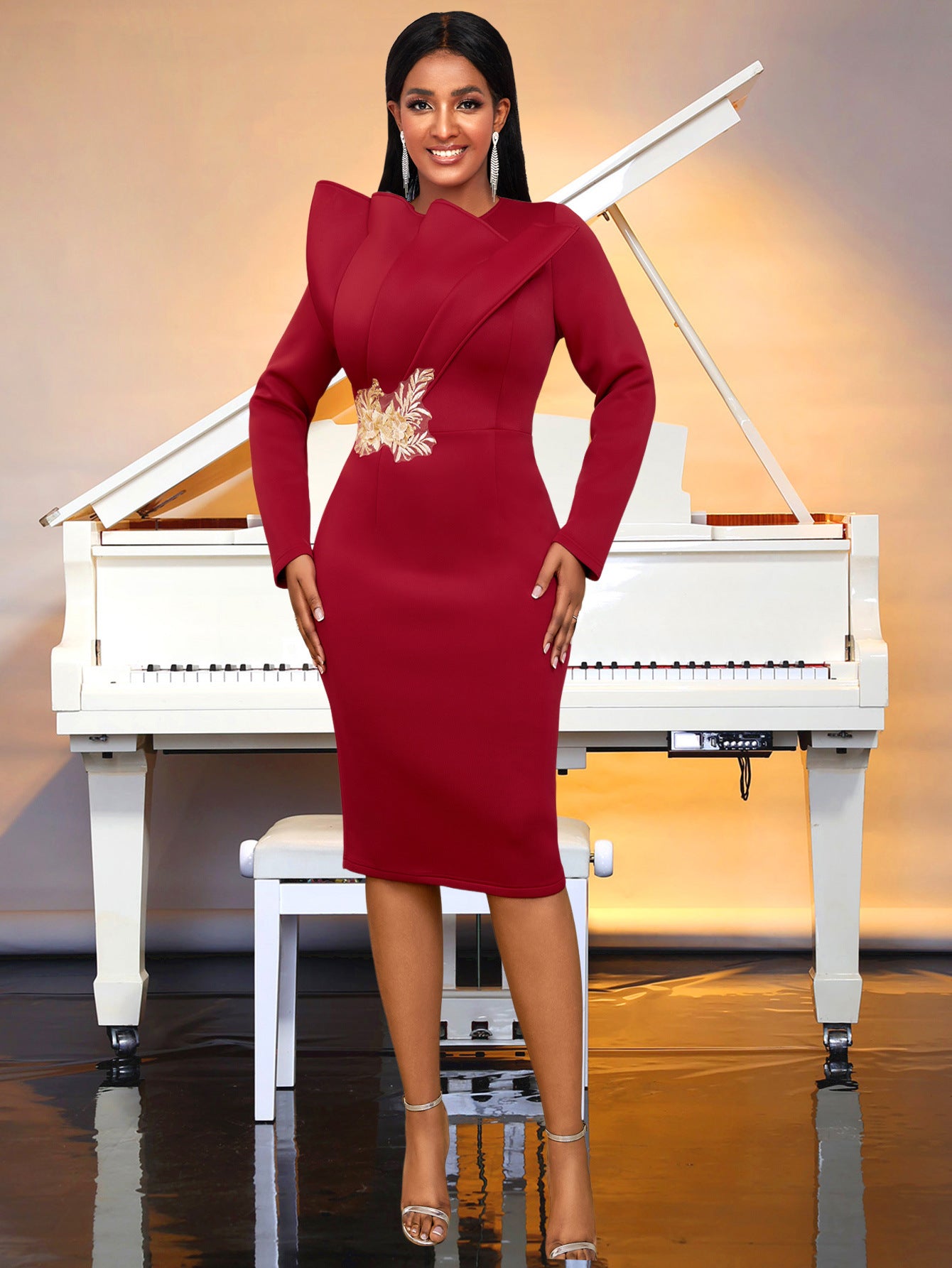 Plus-Size Fashion Embroidered Long-Sleeve Party Dress