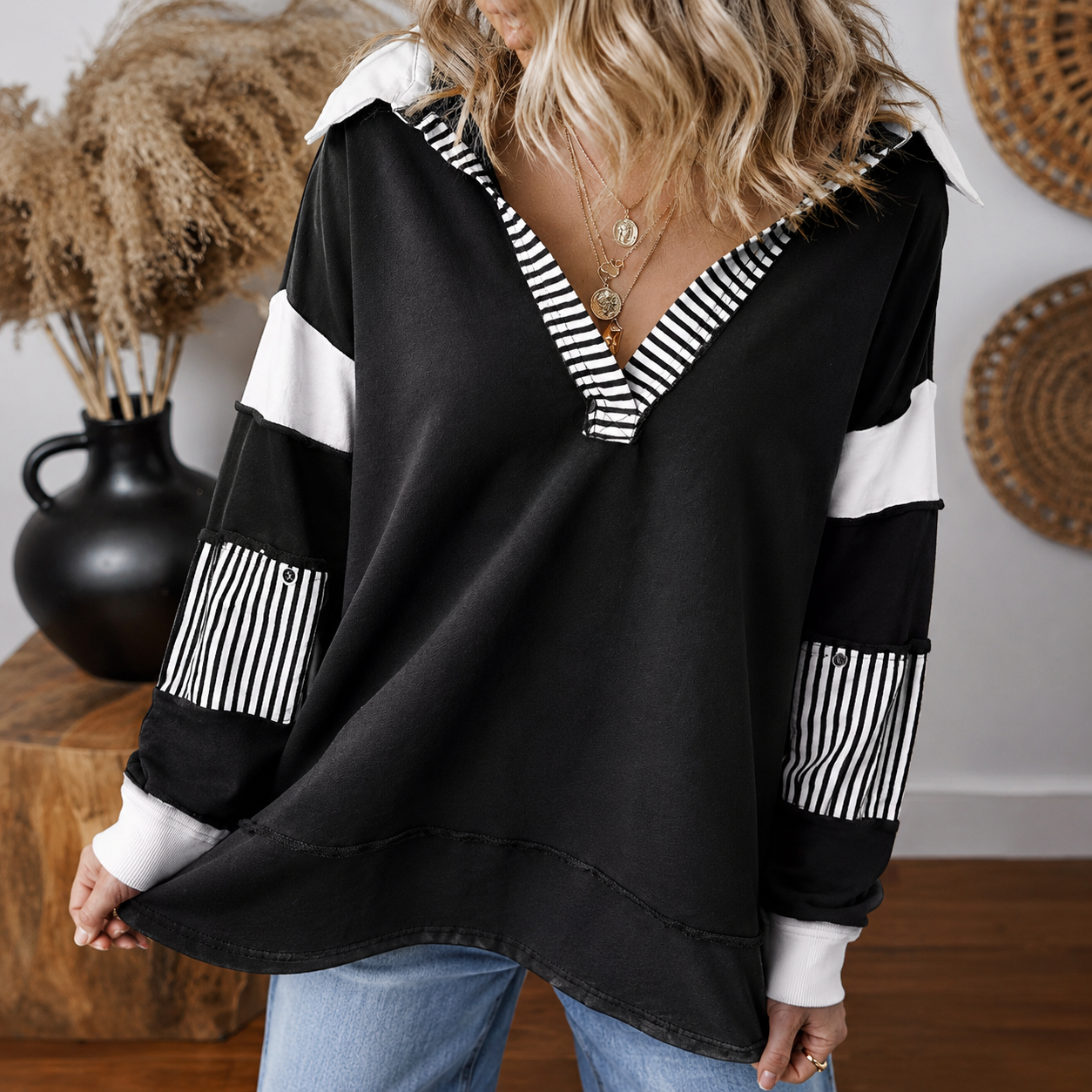 Colorblock Striped Johnny Collar Sweatshirt