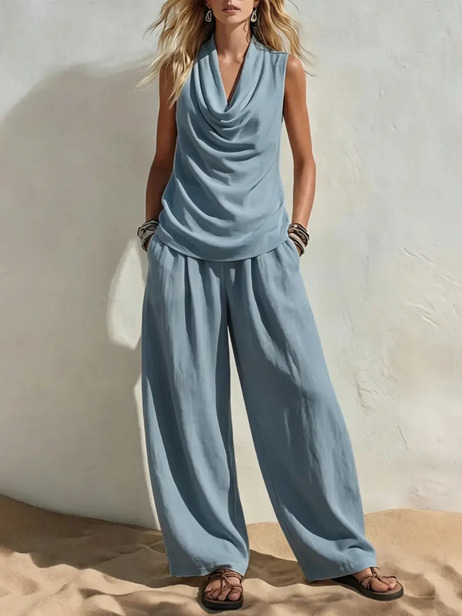 Relaxed Cotton-linen Sleeveless Women's V-neck Wide-leg Pants Two-piece Set