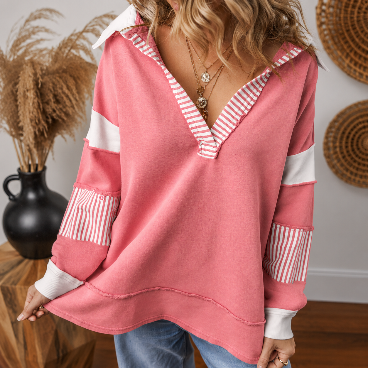Colorblock Striped Johnny Collar Sweatshirt
