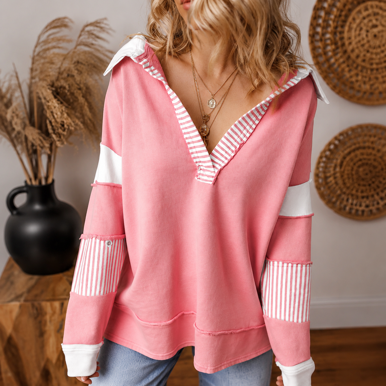 Colorblock Striped Johnny Collar Sweatshirt