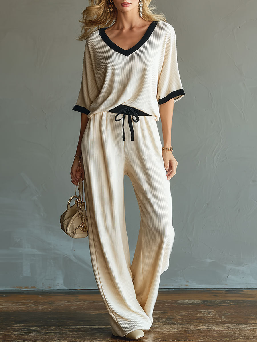 Casual Sporty Color-blocked Short-sleeved Knit Top And Pants Set