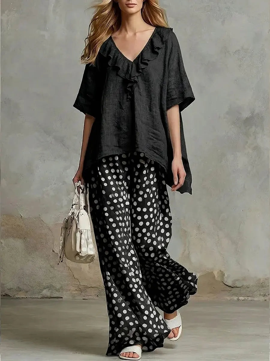 Women's Solid Color Ruffled Art Casual Top And Polka Pants Cotton Linen Suits