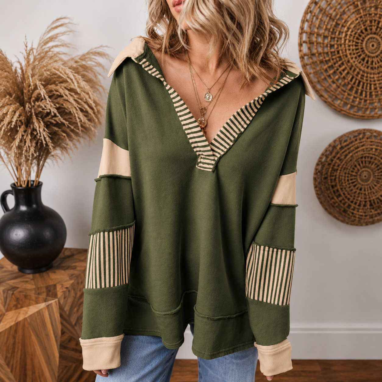 Colorblock Striped Johnny Collar Sweatshirt
