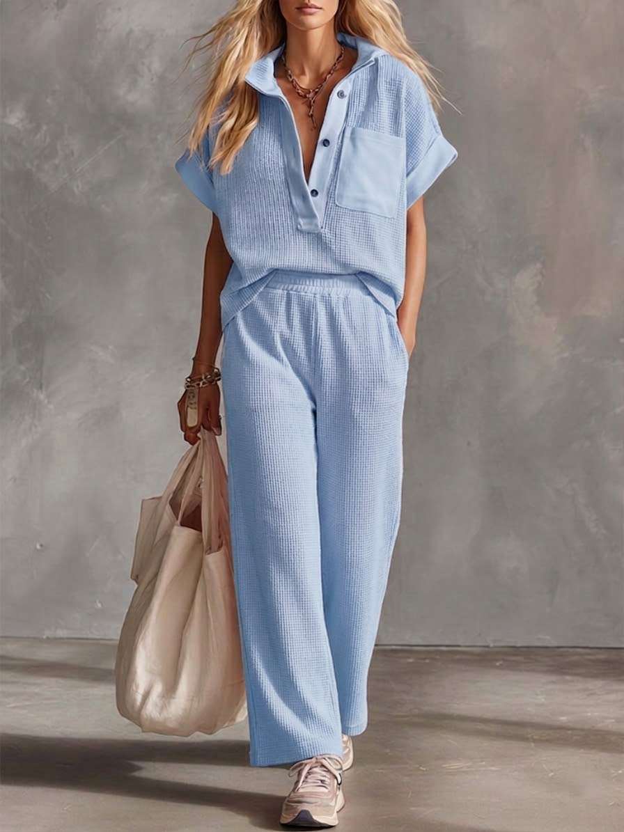 Casual Sports Waffle Knit Short-sleeved Cotton Top And Pants Two-piece Set