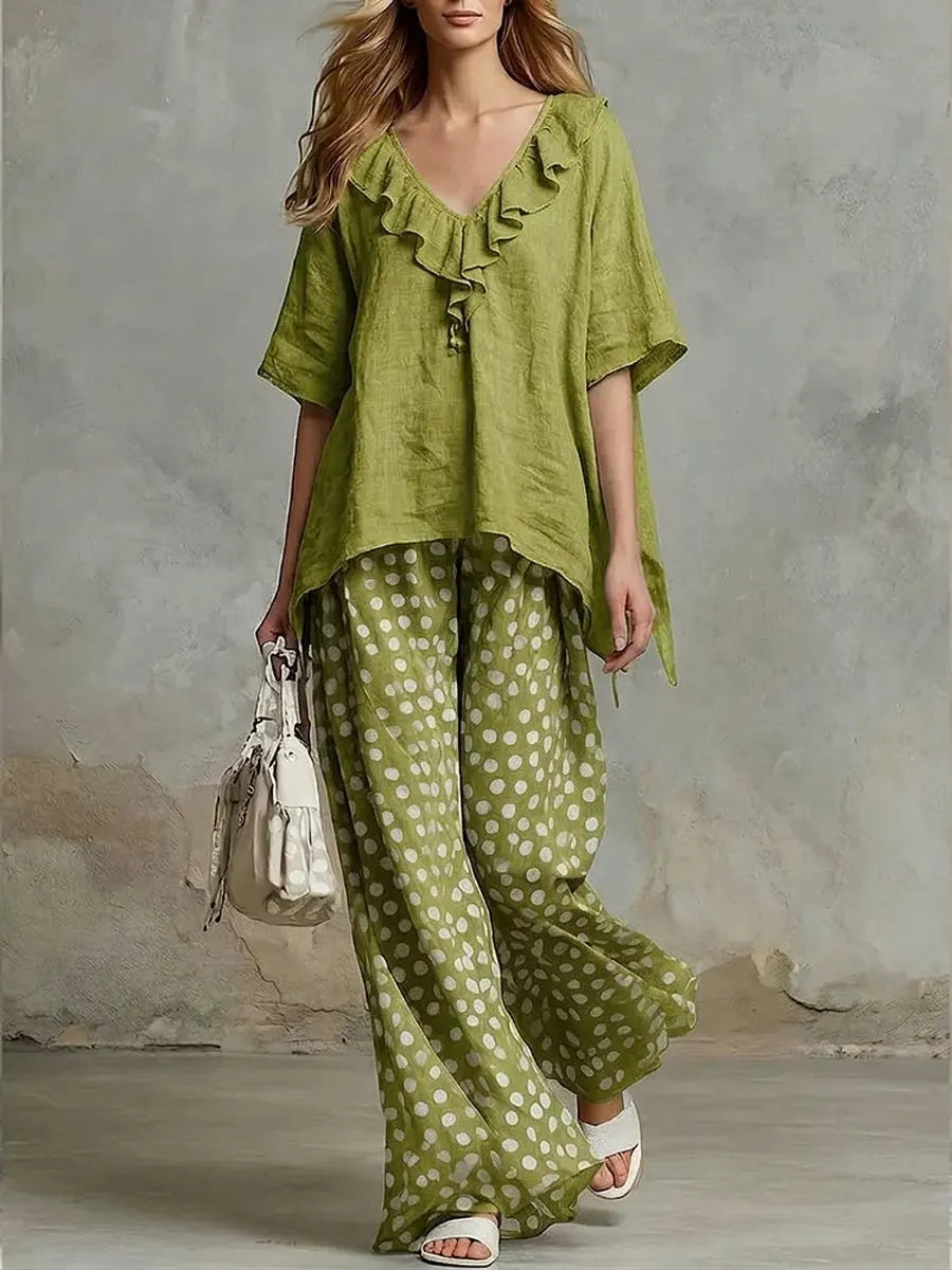 Women's Solid Color Ruffled Art Casual Top And Polka Pants Cotton Linen Suits