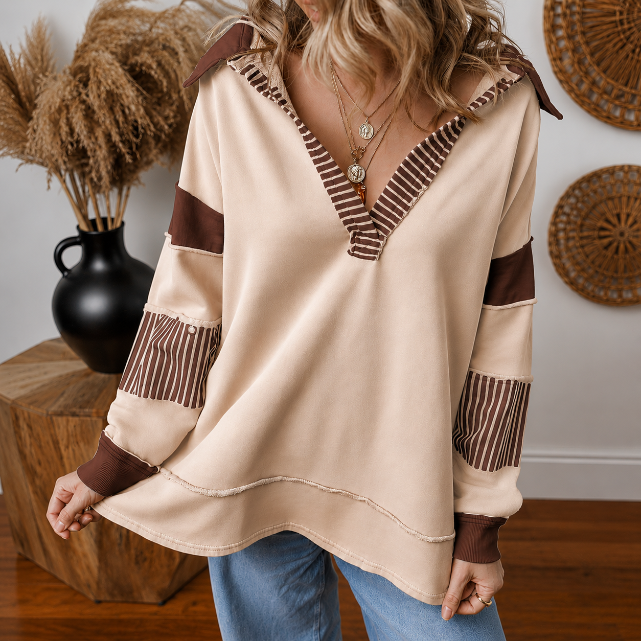 Colorblock Striped Johnny Collar Sweatshirt