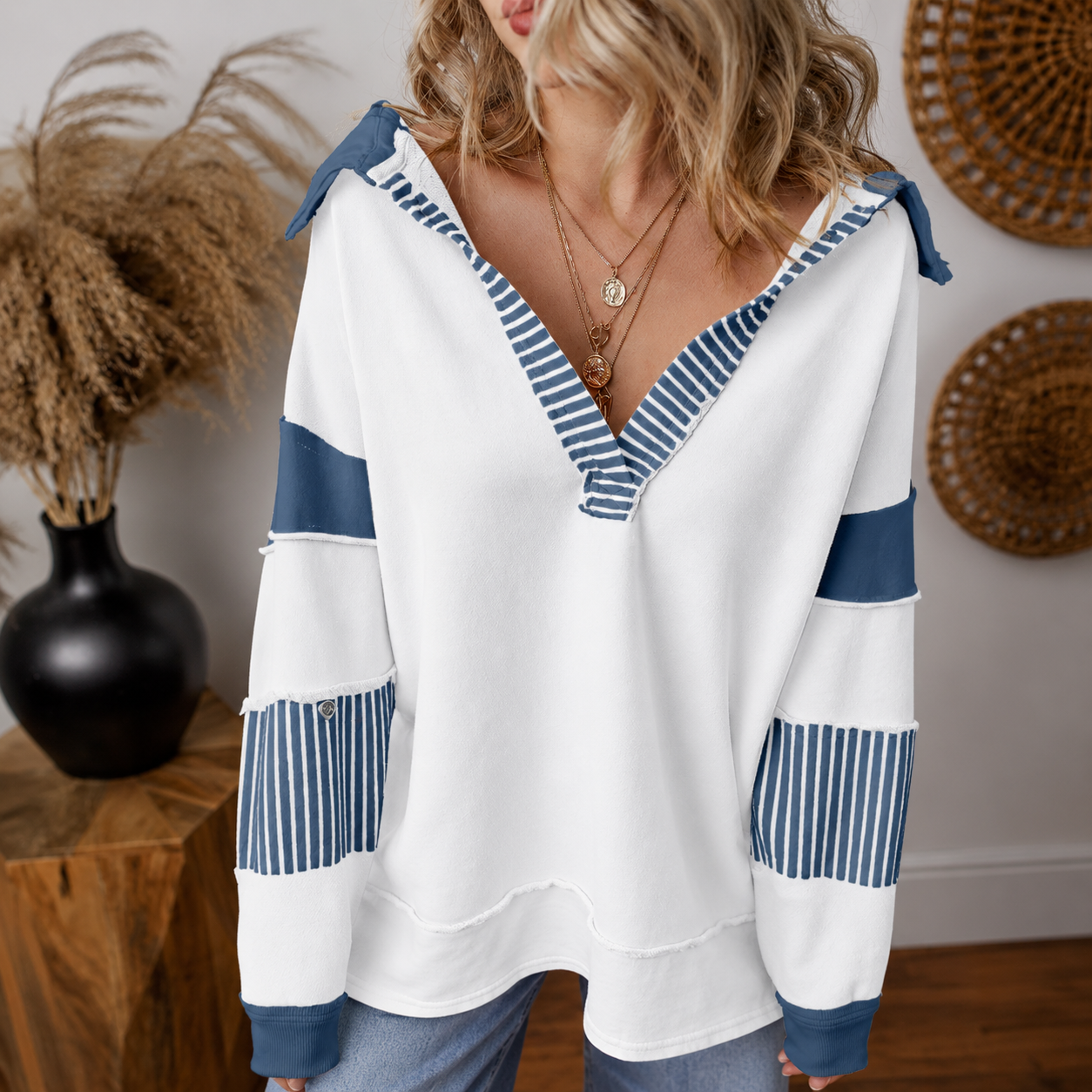 Colorblock Striped Johnny Collar Sweatshirt