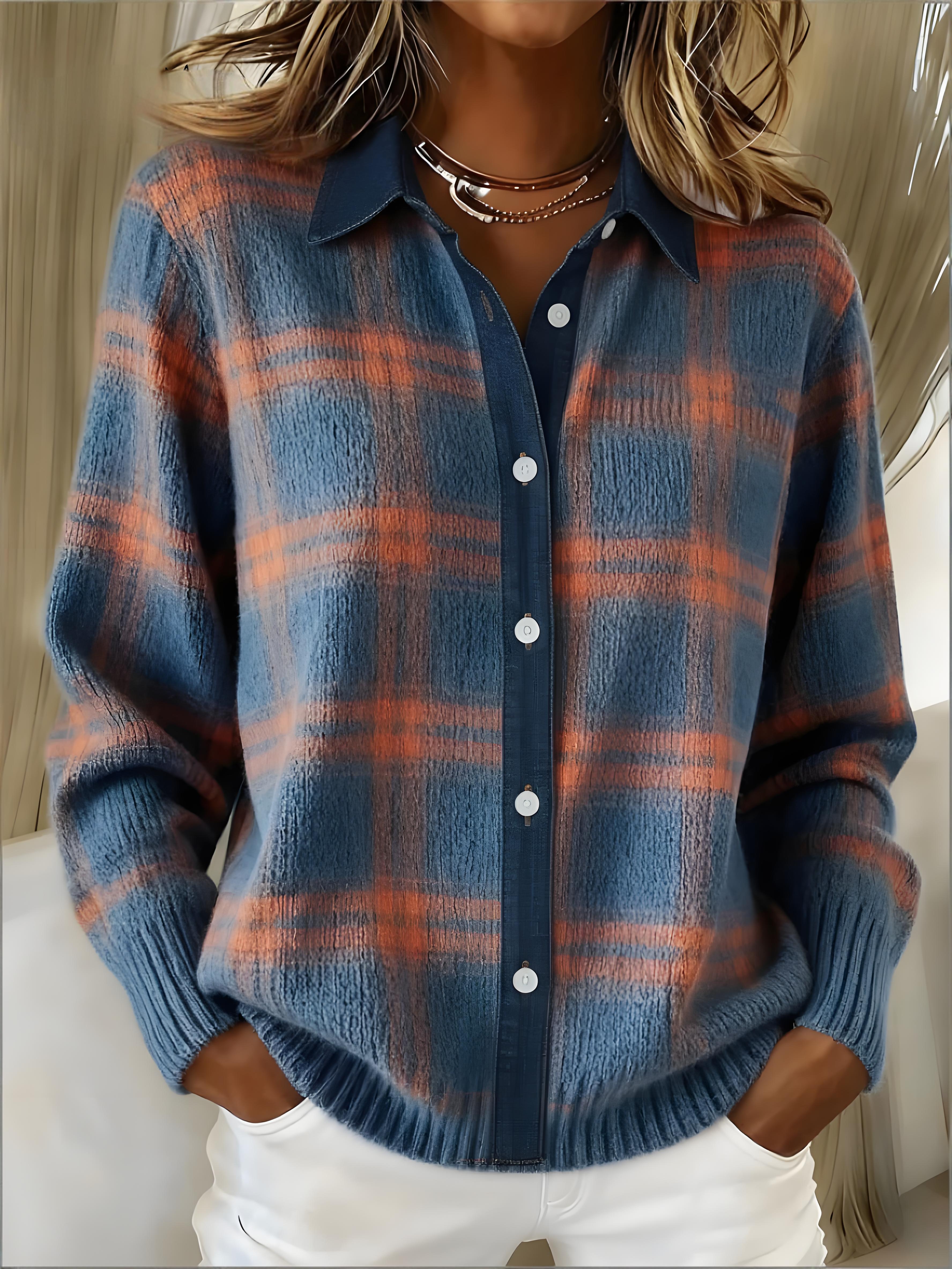 Denim Patchwork Contrast Plaid Polo Collar Button Cardigan Sweater