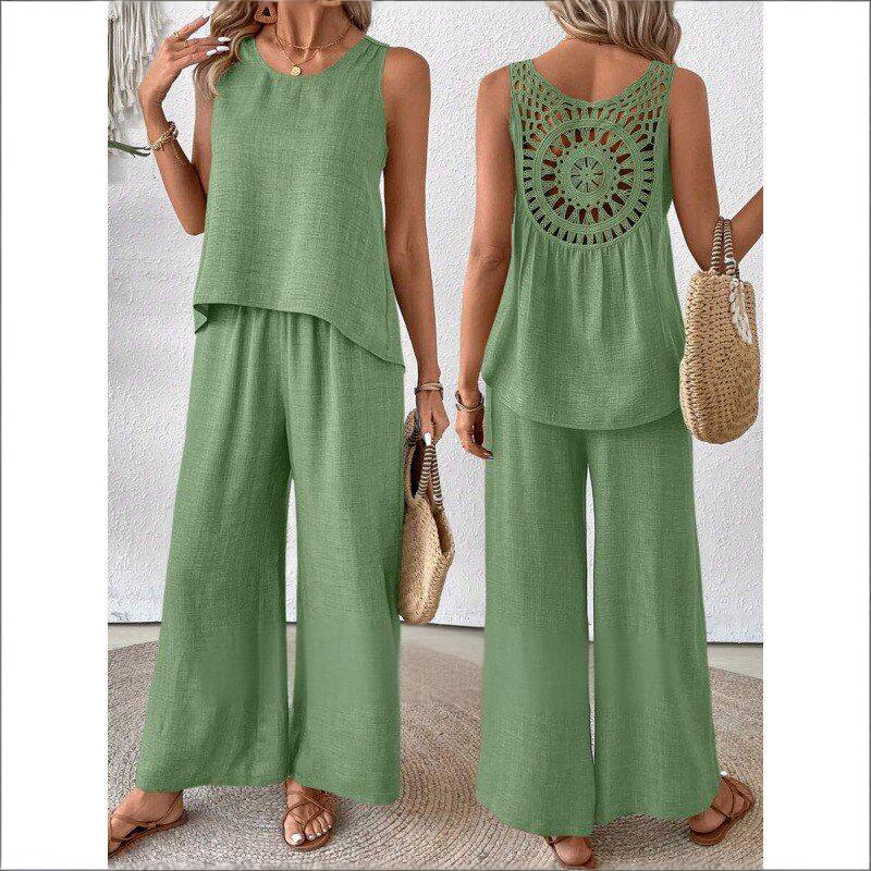 Hot Selling Now！Loose White Hollow Out Solid Cotton Two Pieces Set Sleeveless