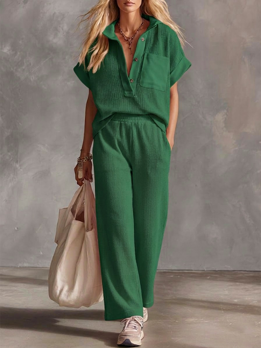 Casual Sports Waffle Knit Short-sleeved Cotton Top And Pants Two-piece Set