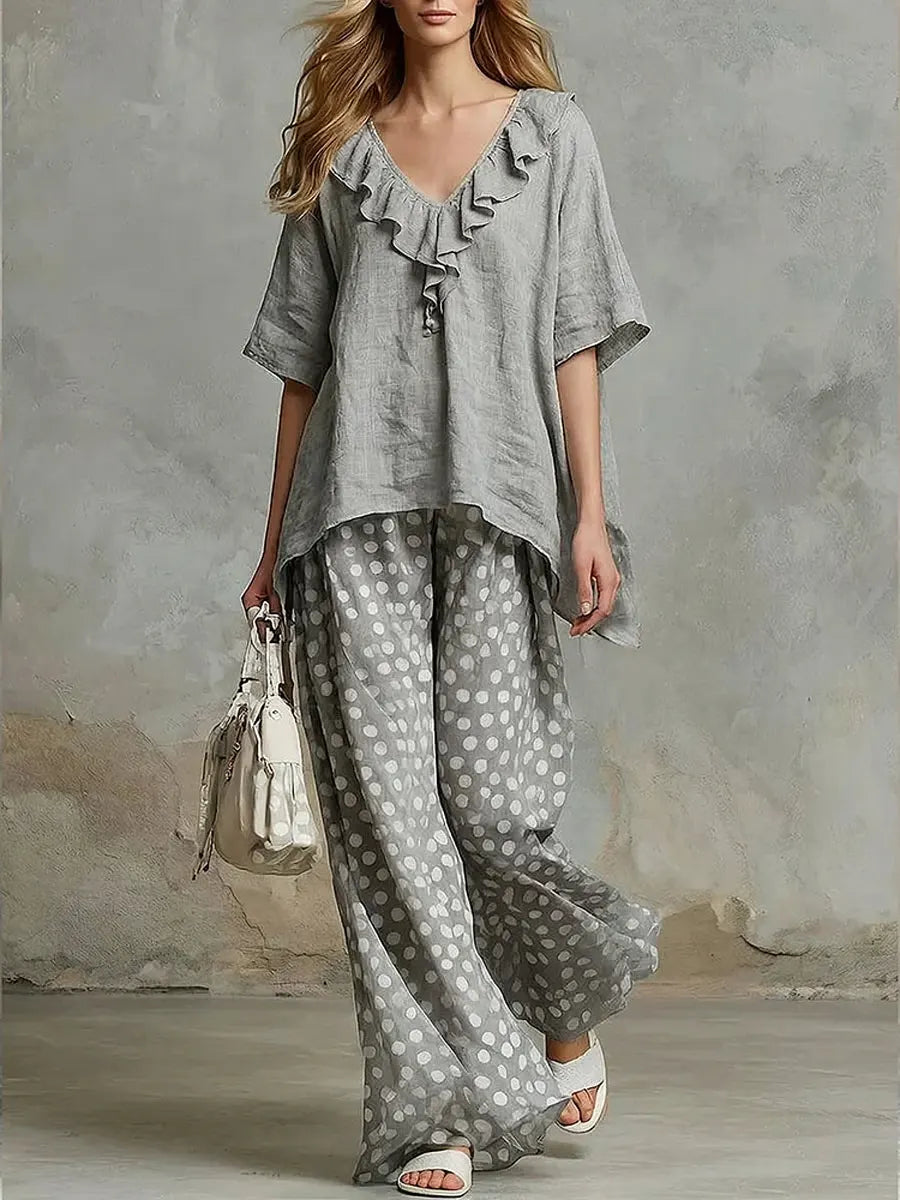 Women's Solid Color Ruffled Art Casual Top And Polka Pants Cotton Linen Suits