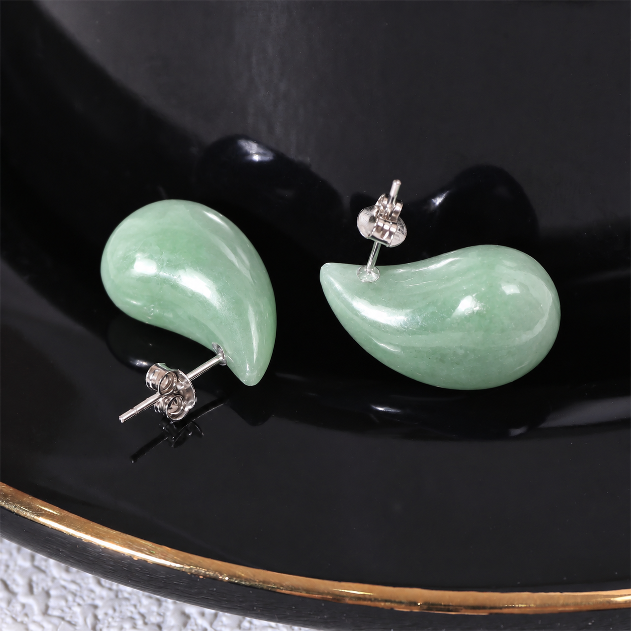Riverstone teardrop studs in green aventurine, soft sage green stone
