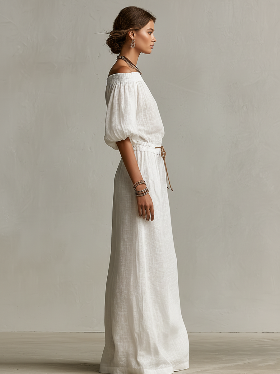 Women's White Linen Dress With Elasticated Off-Shoulder Detail & Drawstring Waist, Timeless Boho-Relaxed Style Dress